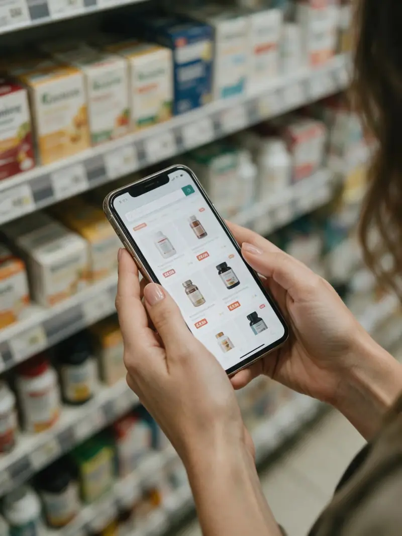 Mãos segurando um celular com uma loja on-line, em frente a uma prateleira de suplementos