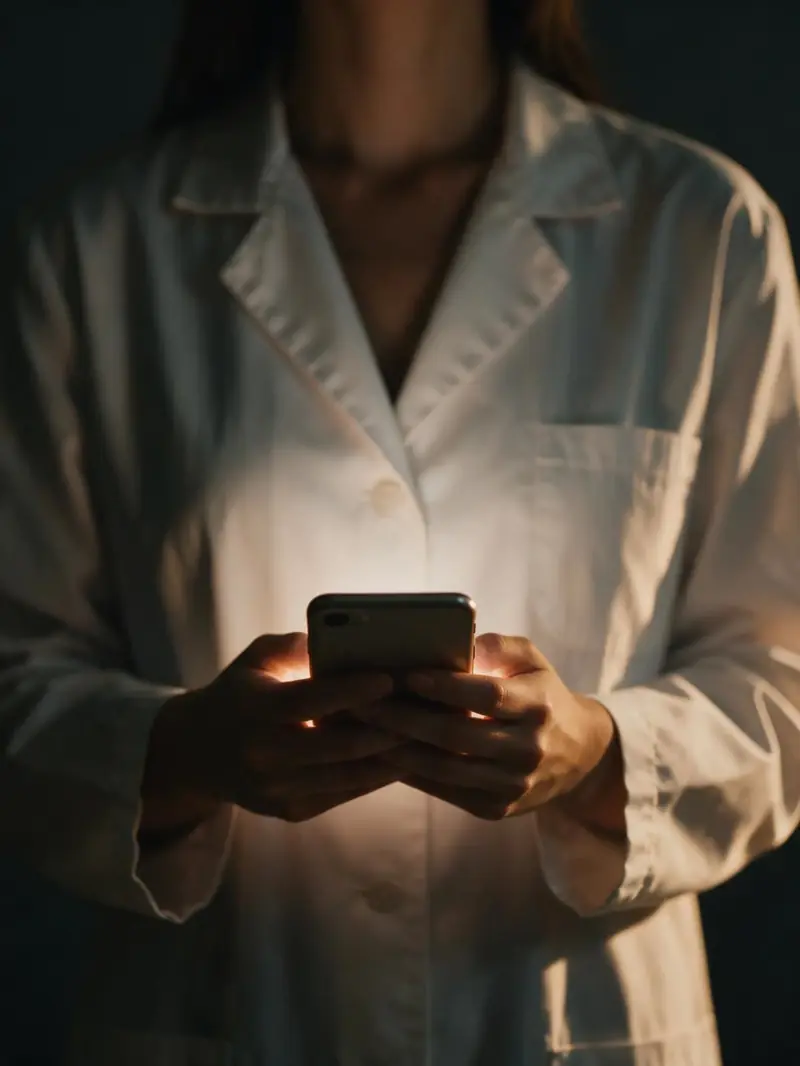 Profissional de jaleco com o celular na mão